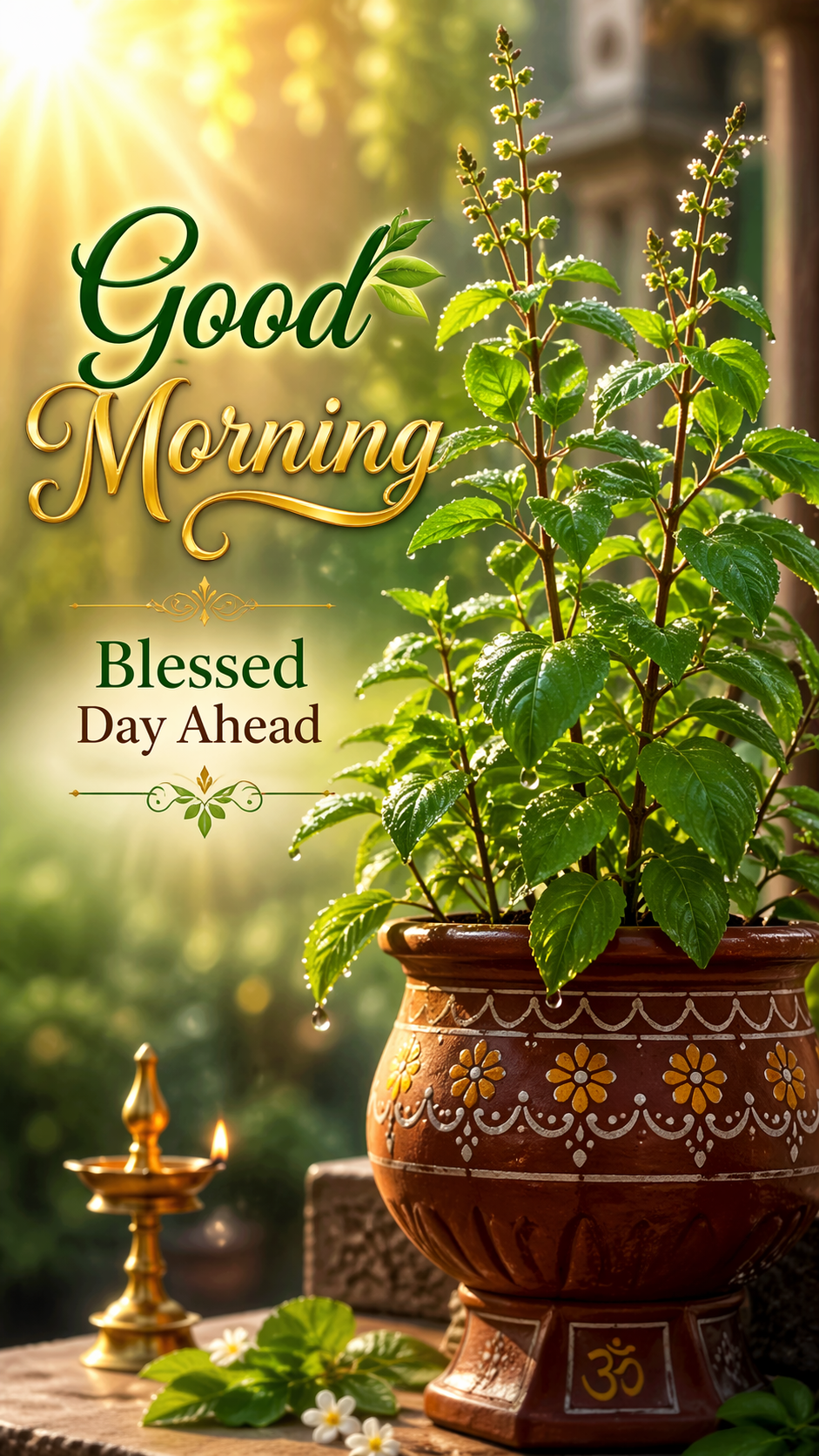 Good morning image tulasi holy basil plant pot morning sunlight dewdrops Blessed Day Ahead